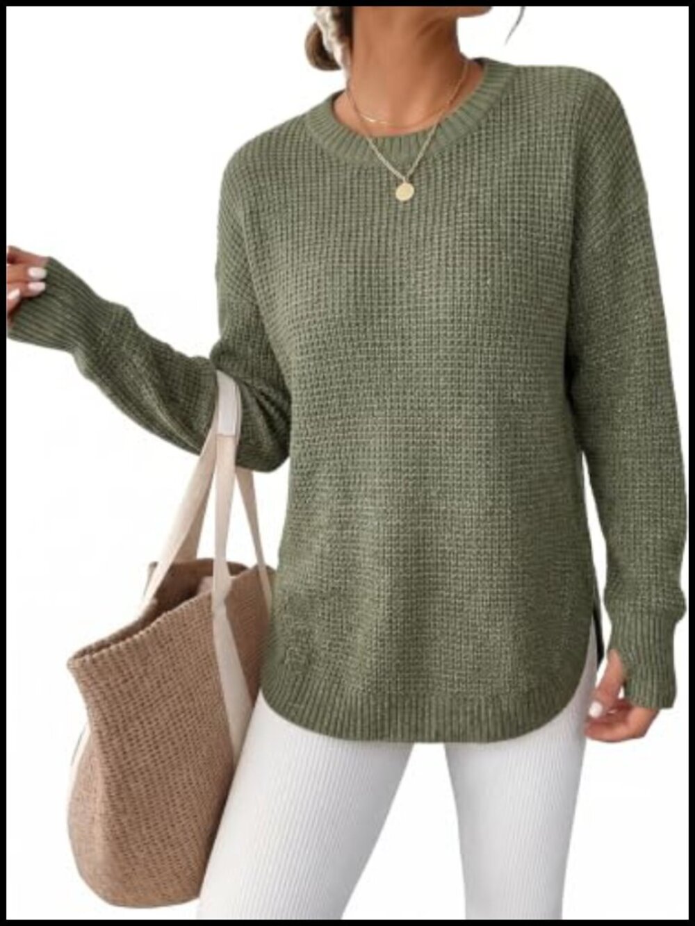 Womens Oversized Waffle Knit Pullover Sweater Chunky Long Sleeve Crewneck